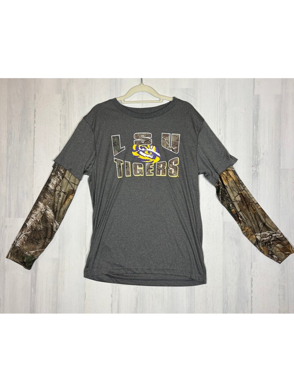 LSU Tigers Shirt Youth XL 20 Gray Realtree Camo Long Sleeve Colosseum NCAA